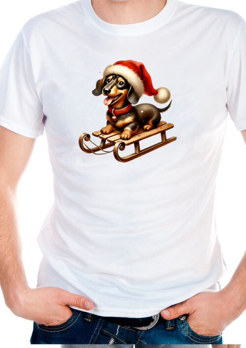 Christmas Teckel with sleigh, t-shirtfountain.nl, t-shirtbedrukken, kerst
